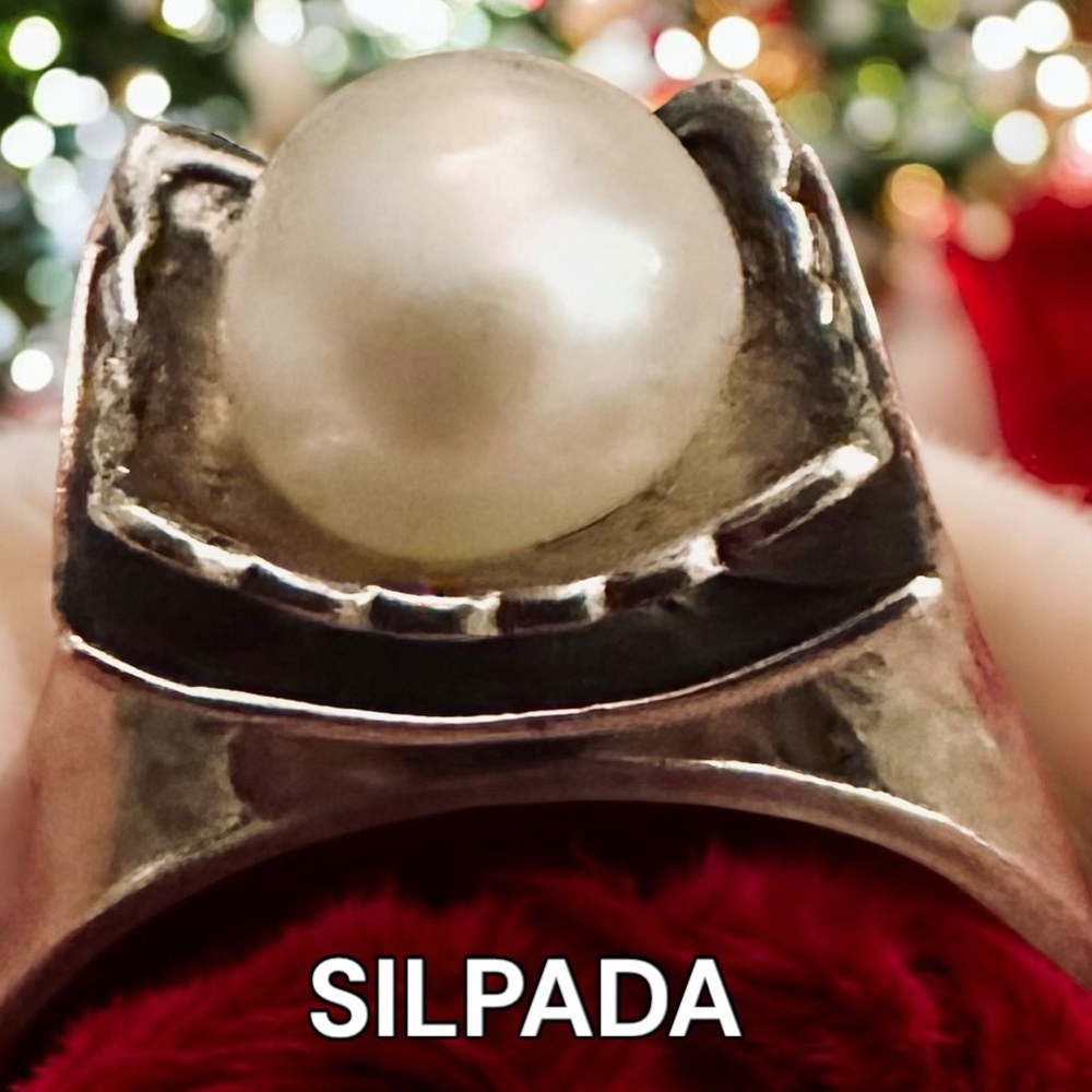 SILPADA Sterling Silver Pearl Ring R0898 | Hammered Wide Band Size 7 Gift Box - Picture 4 of 11